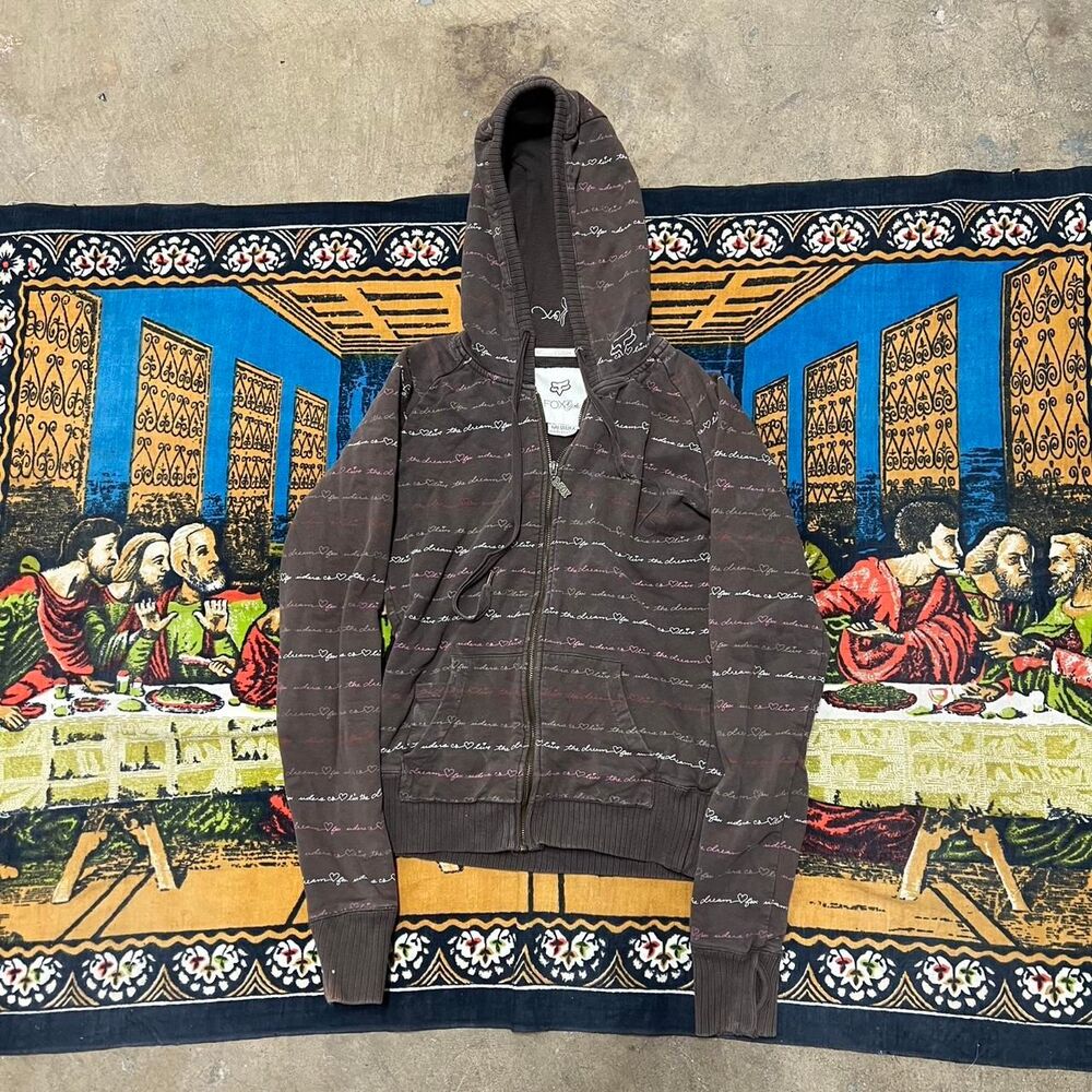 Brown fox zip up hoodie womens medium fox riders girls embroidered scripture y2k - Picture 1 of 8